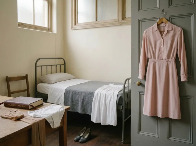 Institutional bedroom with uniform hanging on door, procedure manual on desk, single iron bed