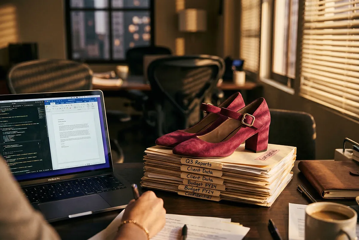 Berry red heels on office desk at golden hour with folders and laptop
