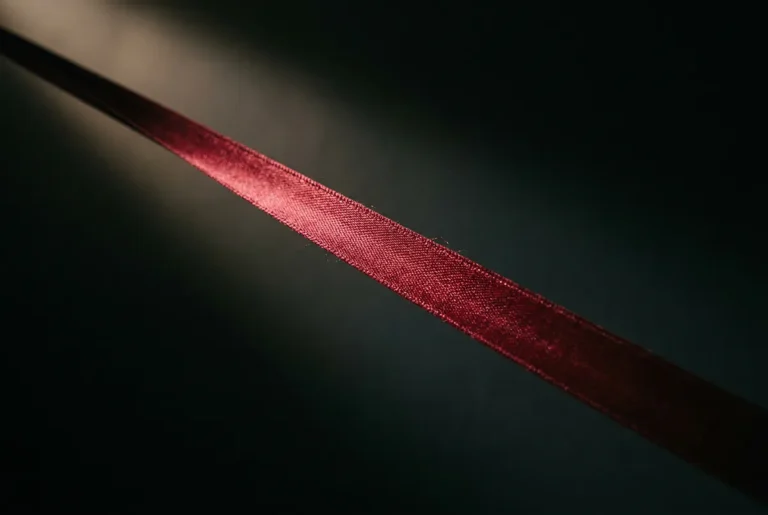 Crimson silk ribbon stretched taut against dark background