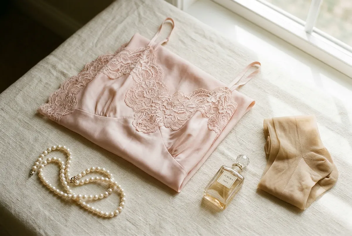 Flat-lay of blush pink lingerie, pearls, perfume bottle, and stockings on cream linen