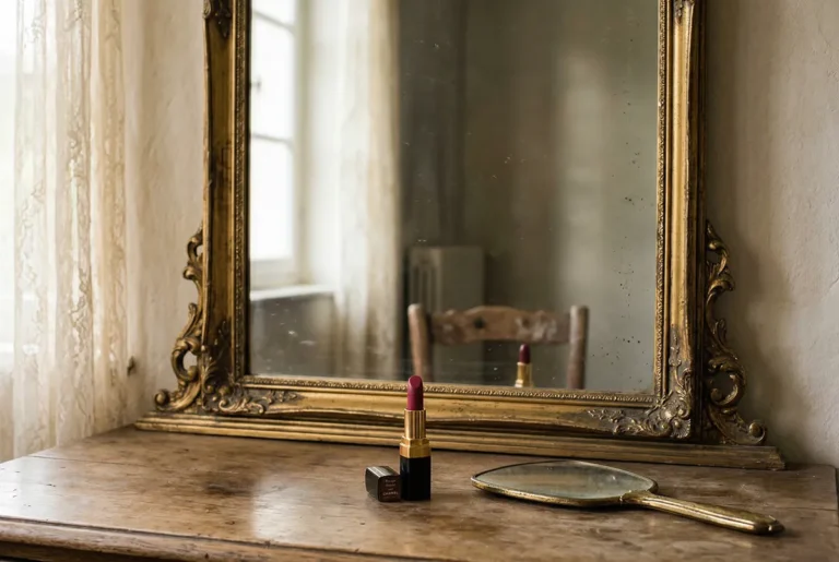 Vanity mirror with berry lipstick and hand mirror on antique dresser