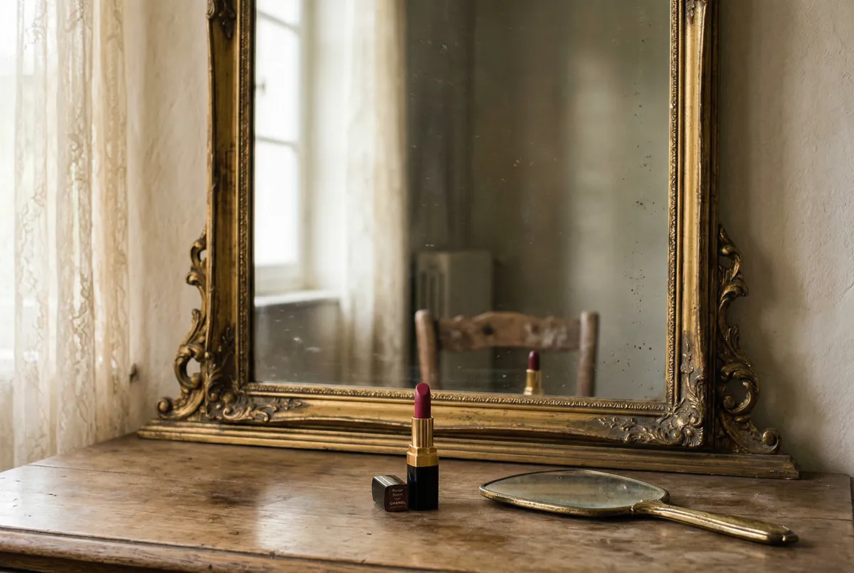 Vanity mirror with berry lipstick and hand mirror on antique dresser